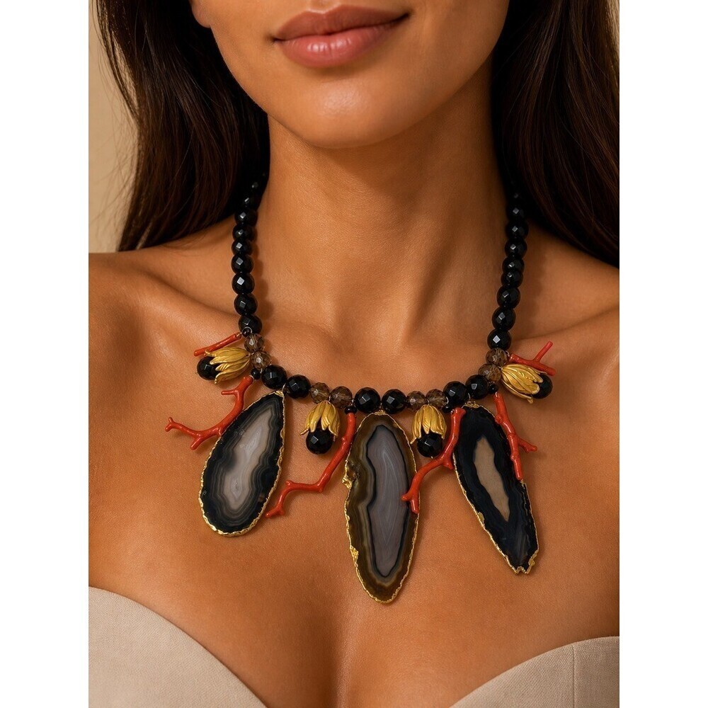 TONOBI  black onyx quartz and red coral statement necklace